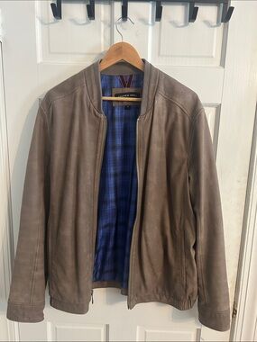 Andrew Marc Taupe Leather Bomber Jacket with Blue Plaid Lining